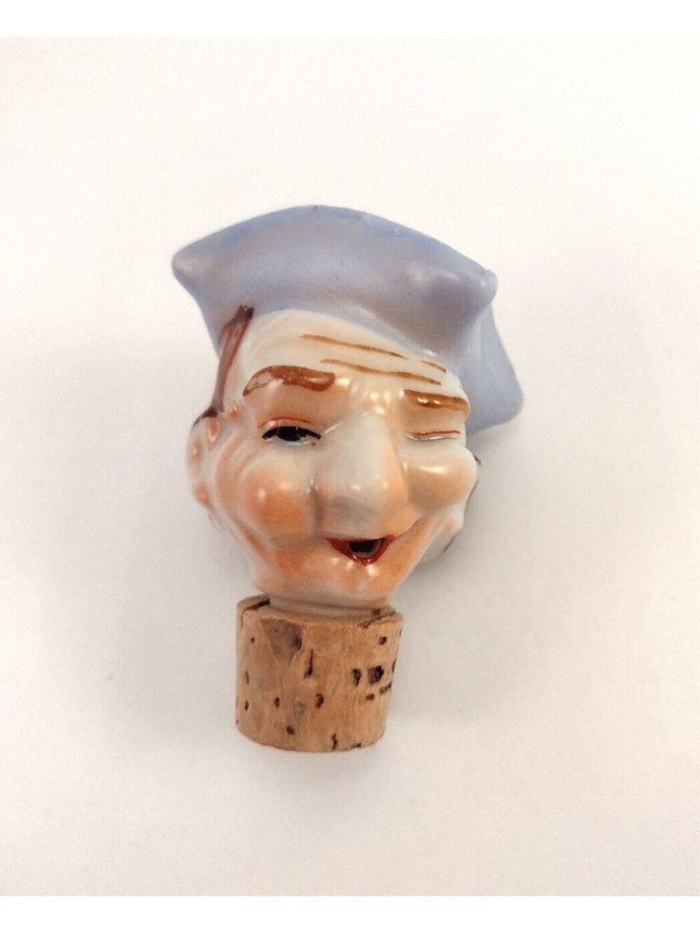 Vtg Porcelain Winking Colonial Head Cork Bottle Stopper Pourer Topper Character
